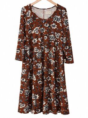 NWT Garnet Hill XL Floral Tencel Trapeze Dress Brown Rust Swing Fall Boho